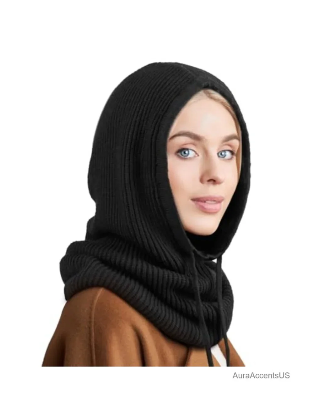 AQOKKA Knit Balaclava Hooded Scarf Hat Unisex Winter Drawstring Beanie